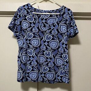 Soft Surroundings, short sleeve navy blouse w/heart-like designs, size L